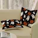 Halloween Pillow Covers 18x18 Pack of 2 Black Orange Ghost Pumpkin Throw Pillow Covers Outdoor Decoration,Autumn Halloween Holiday Ghost Pillowcase Linen Decorative Cushion Case for Couch Sofa