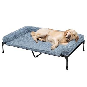 Veehoo Cooling Elevated Dog Bed Add Removable Deluxe Rose Plush Bolster Cushion Mat, 47" x 29" Washable Dog Couch Bed, Raised Pet Cot with Breathable Teslin Mesh, No-Slip Feet, Haze Blue, CWC2439B