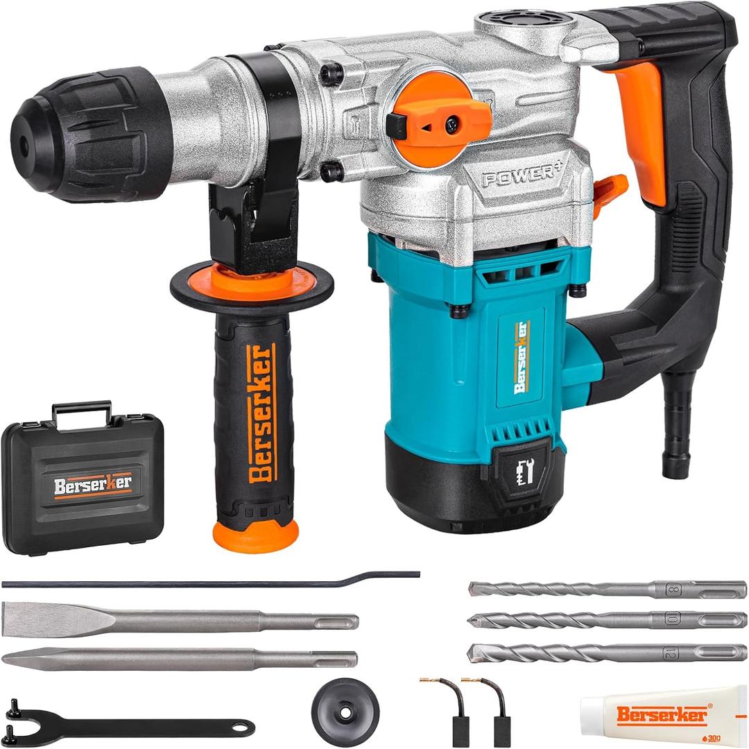 Berserker 1-1/8" SDS-Plus Rotary Hammer Drill with Safety Clutch,9 Amp 3 Functions Corded Rotomartillo for Concrete - Including 3 Drill Bits,Flat Chisel, Point Chisel,Carrying Case