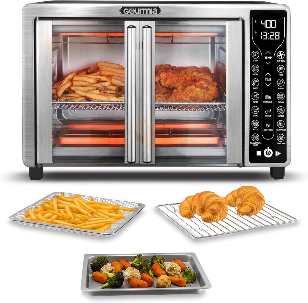 Gourmia French Door Air Fryer  25 Qt Large Capacity Convection Oven, Fryfroce 360, Digital Display with 17 Cooking Presets, Bake, Toast, Roast, Dehydrate, Fits 12 Pizza (Stainless Steel)