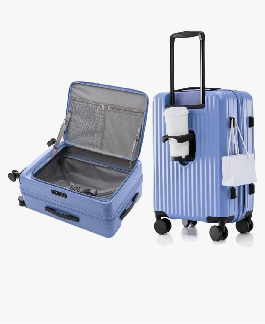HotWay 20 Inch Expandable Carry On Luggage with Cup Holder, Hardside TSA Approved Luggage with Spinner Wheels, Top Opening Suitcase For Travel, Blue