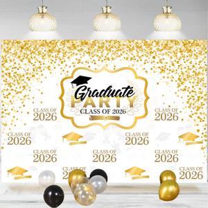Graduate Party White Decorations Banner Backdrop 8x6 FT Gold Glitter Congrats Grad Background Class of 2026 Backdrops for Photoshoot Graduation Prom Banner Photo Booth Props