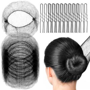 FANDAMEI Hair Nets, U Shaped Hair Pins Set - 20 Invisible Elastic Mesh Nets, 40 Bun Maker Pins for Women, Girls, Ballet Dance (Black)