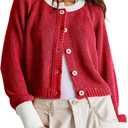 Women's Cropped Cardigan Sweaters Fall Long Sleeve Open Front Cardigans Button Down Color Block Crewneck Knit Outwear Coats Red, Medium 