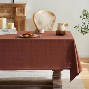 ZeeMart Linen Checked Table Cloth, Farmhouse Style Plaid Embroidered Rust Tablecloth, Water Resistant Rectangle Table Cloth, Terracota 60x120 Inches