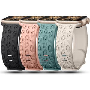 4Pack Leopard Engraved Bands Compatible with Apple Watch Band for women 40mm 41mm 42mm 38mm 44mm 45mm 46mm 49mm, Soft Silicone Cheetah Sport Strap for iWatch Series 10 9 8 7 6 5 4 3 2 1 Ultra/2 SE (Black,StarLight,Sand Pink,Cactus)