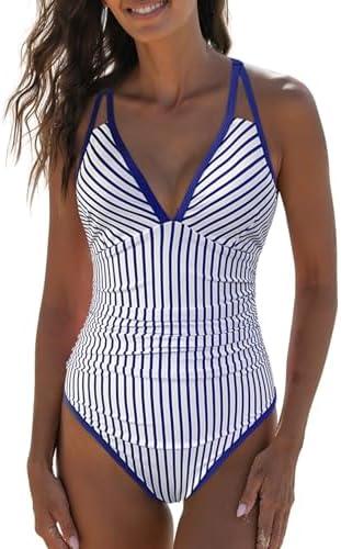 popvil Women's One Piece 2025 Tummy Control Swimsuits Neon Color Block Swimwear Deep V Neck Slimming Bathing Suit Size Large