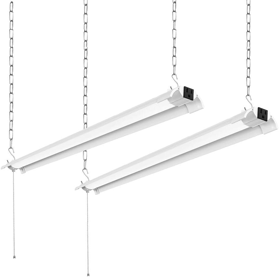 2-Pack 4ft LED Shop Light, 84W/7000LM/4000K Garage Hanging Lights with Plug-in Power Cord, 4ft Shop Led Lights with Pull Chain Switch, ETL Listed for Workbench, Basement
