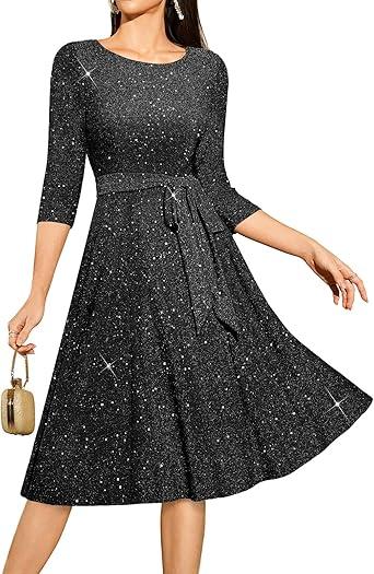 DRESSTELLS Sequin Cocktail Dresses for Women, Formal Wedding Guest 3/4 Sleeves Sparkly Evening Party Dress, XL,  Glitter_black
