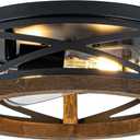 Farmhouse Ceiling Light, 2-Light Round Flush Mount Ceiling Light with Wood and Metal Frame, Black Rustic Light Fixture for Hallway, Entryway, Bedroom, Kitchen