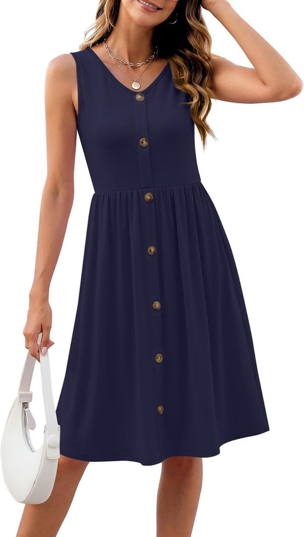 Women's Casual Summer Dress Sleeveless V-Neck A-Line Midi Length Elastic Waist Flowy Boho Beach Dresses (Blue, L)