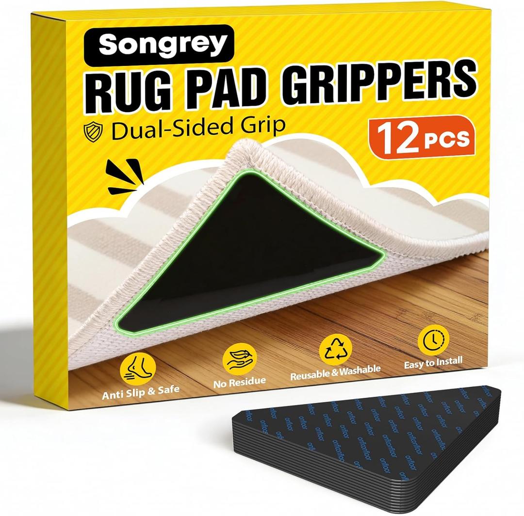 Songrey Rug Tape Rug Corner Grippers 12PCS, Reusable Double-Sided Carpet Tape to Hold Area Rugs Down, Non Slip Rug Pads Gripper for Hardwood Floors No Damage (Black)