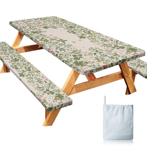 Joy Bubble Picnic Table Cover with Bench Covers Windproof Waterproof Picnic Table Covers Camping Tablecloth with Self-Storage Bag, 72in, Botanical Green
