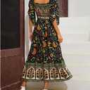 Women's Long Maxi Dress Sexy Off Shoulder Floral Dress Ruffle Short Sleeve Smocked Flowy A Line Boho Dress (Black, XL)