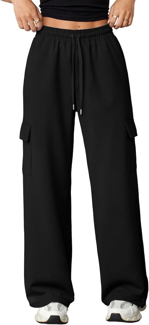 Aleumdr Wide Leg Sweatpants for Women Cargo Pants High Waisted Sweat Pants Baggy Joggers Casual Long Pants with Pockets (XX-Large, Black)