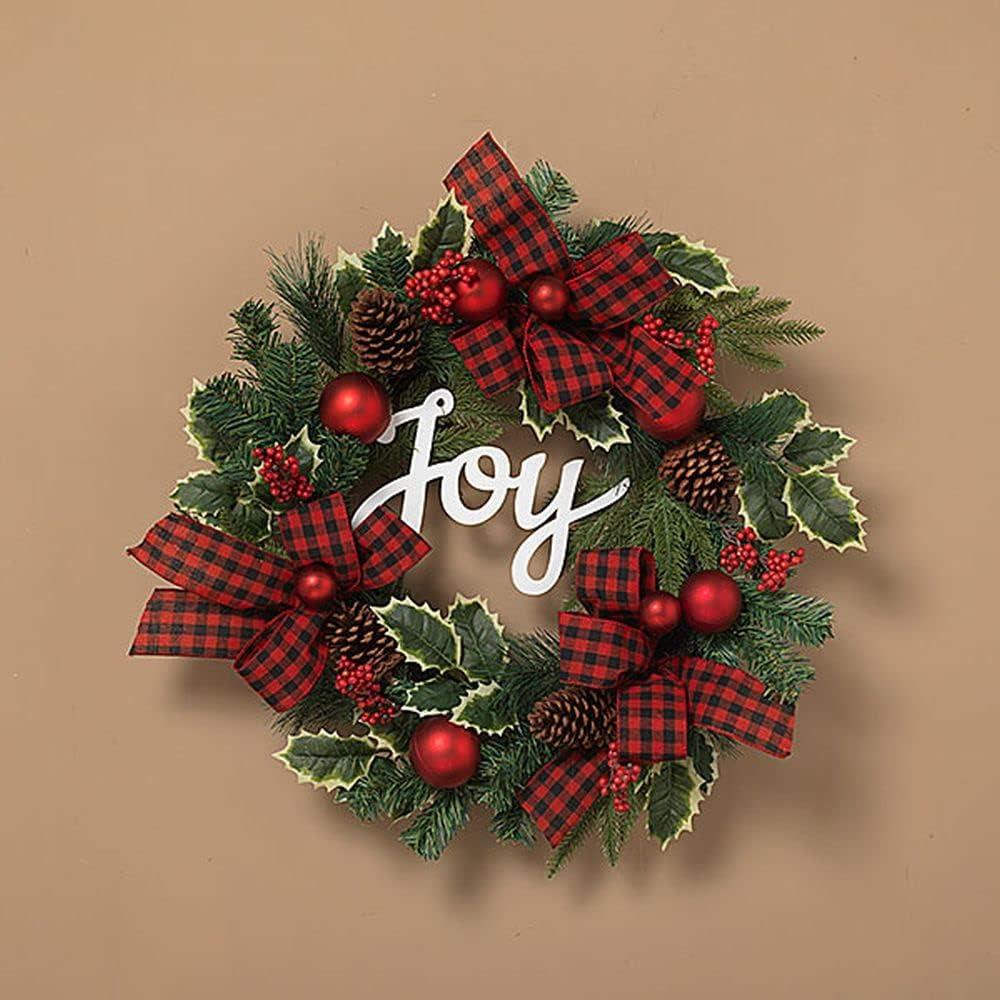 Gerson24 Holiday Pine & Pinecone Wreath with Ornament, Bow & Joy Sign