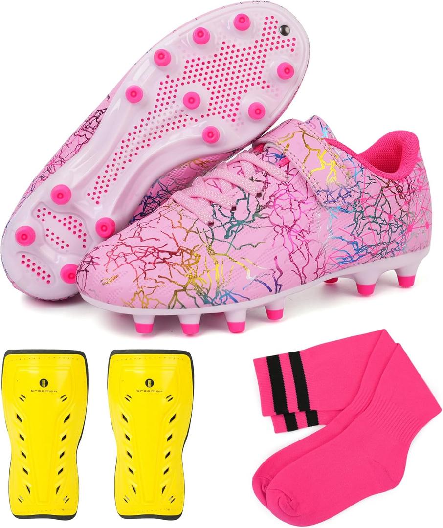 Brooman Kids Firm Ground Soccer Cleats Girls Football Cleats with Shin Guards and Soccer Socks, Size 2 (Pink)