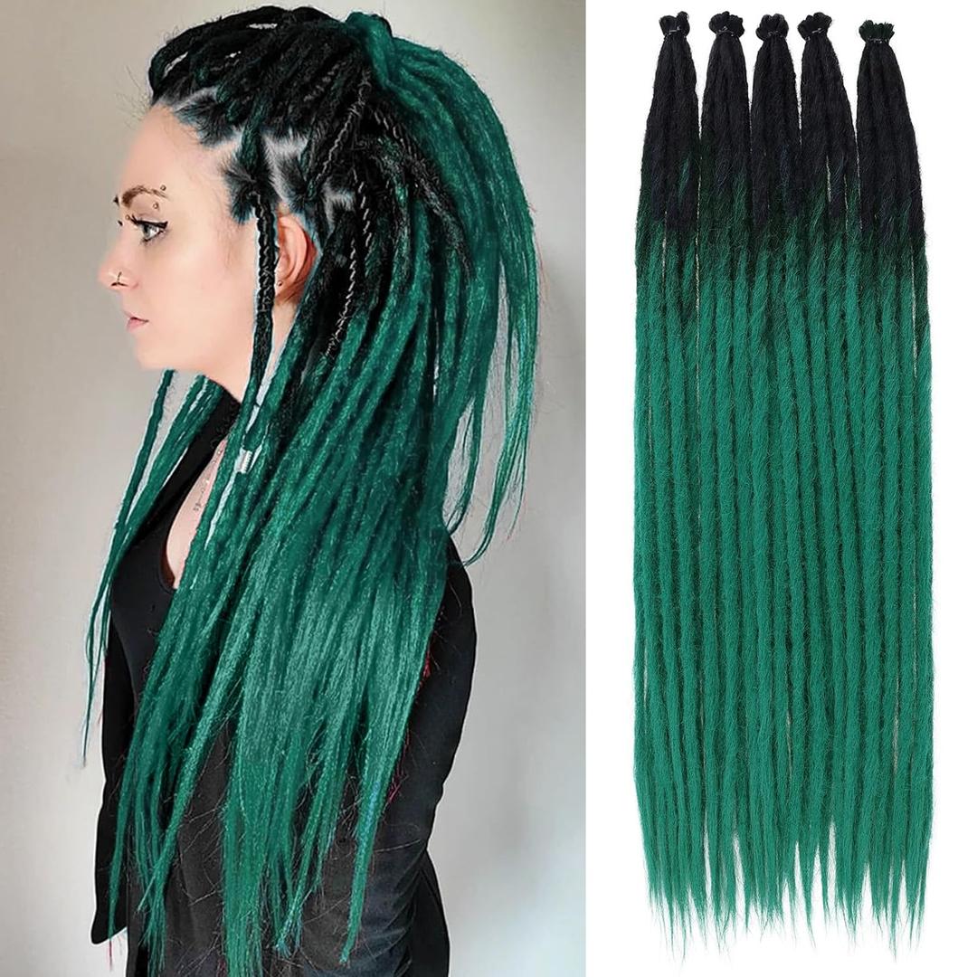 Leeven Black to Green Thin Dreadlock Extensions 24 Inch 40 Strands Synthetic Single Ended Dread Extensions Reggae Style Crochet Hippe Dreads Handmade Soft Loc Extensions for Women Men