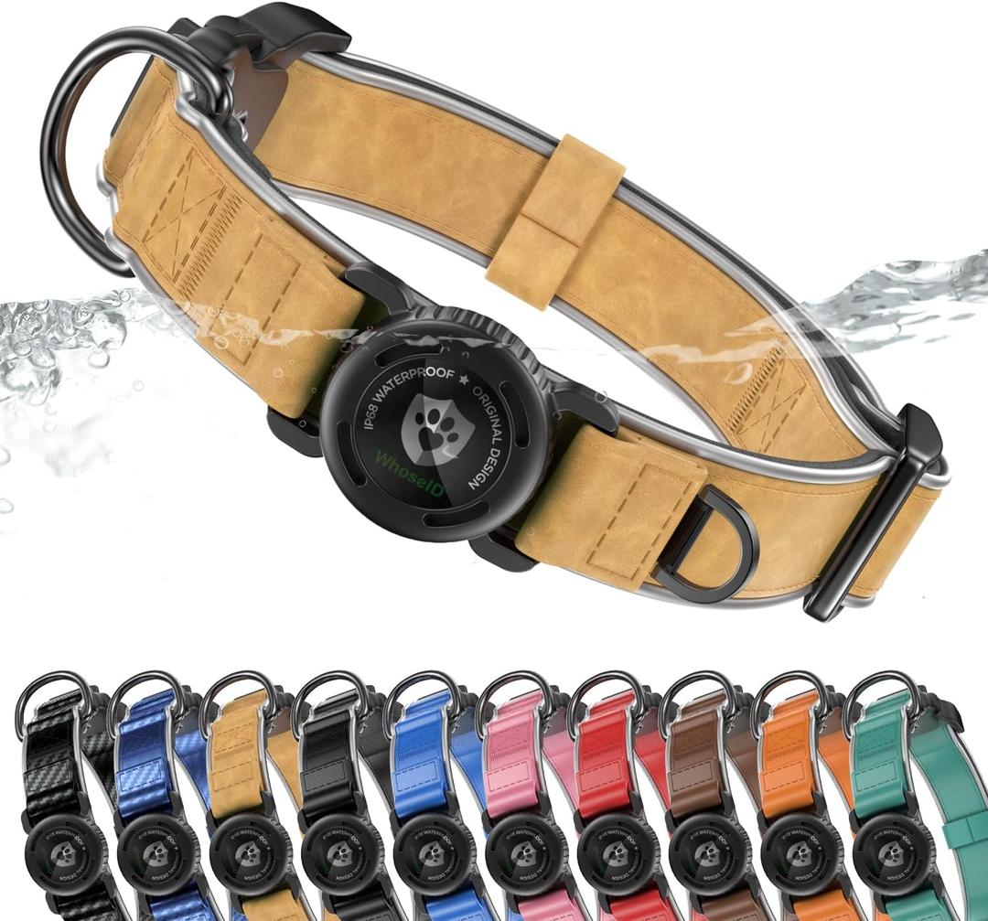 WhoseID AirTag Dog Collar, Waterproof Reflective Leather Dog Collar with AirTag Holder and Magnetic Buckle, Heavy Duty Pet Collar for Small Medium Large Dogs, Brown