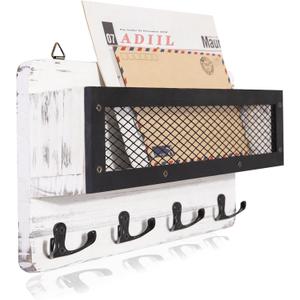 ADIIL Mail and Key Holder for Wall Decorative, Wooden Wall Mount Key Rack Hanger Organizer with 4 Double Key Hooks, Rustic Home Decor for Entryway Hallway, White