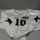 GORGLITTER Women's Number Graphic Jersey Shirts Y2k 90s Crop Top Mesh Long Sleeve Striped V Neck T Shirt