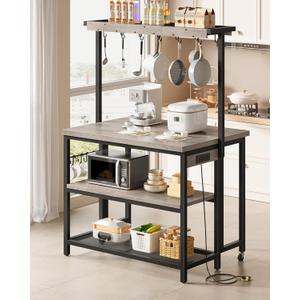 CHOEZON Kitchen Island with Power Outlet, Kitchen Island Table with Folding Top, Stationary Storage Islands, Coffee Bar with Outlets and USB Ports, for Dining Room, Living Room, Greige TZD01UBG
