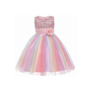 Super Fairy Flower Girls Sequin Mesh Tulle Rainbow Party Dress Princess Lace Ball Gown, 110