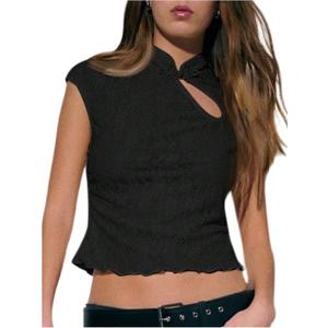 SweatyRocks Women's Floral Lace Cap Sleeve T Shirts Cut Out Mock Neck Fitted Cheongsam Tops (Black, L)