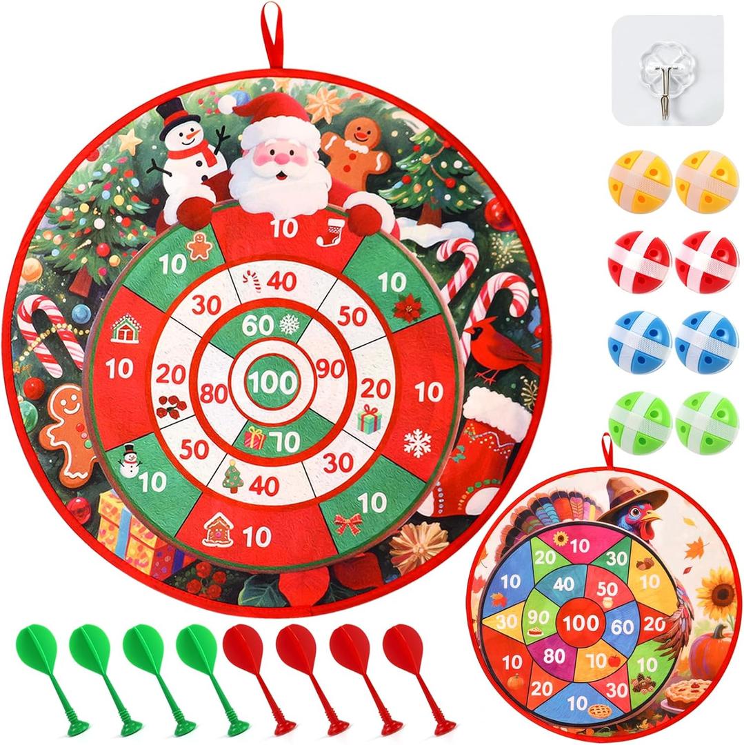 Christmas Games Santa Claus Dart Board for Family, Kids Adults with 8 Sticky Balls and 8 Darts, XMAS Activities Game,Indoor Outdoor Toys Party Favors Gifts (Double Sided Target Christmas&Thanksgiving)