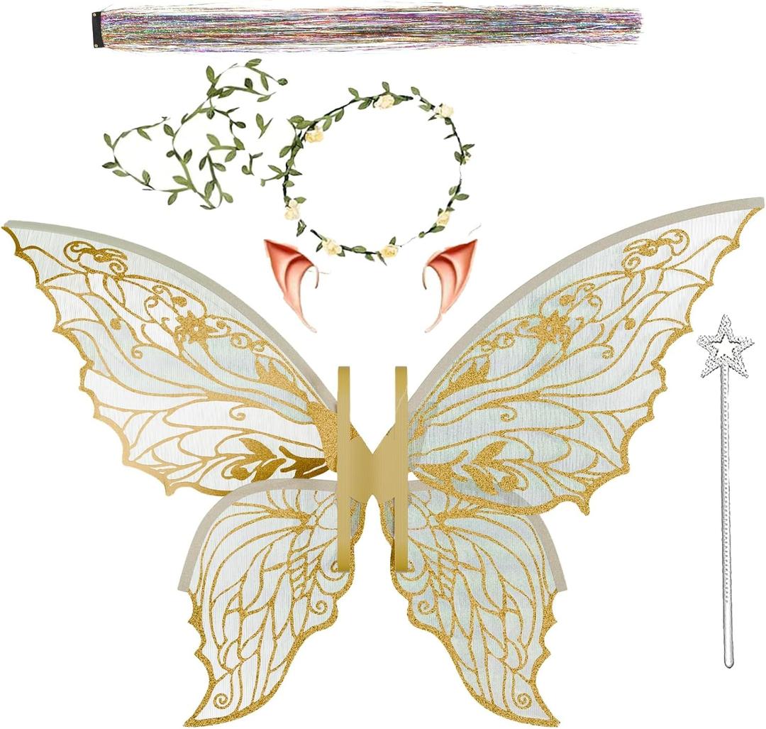 Fairy Wings for Adults and GirlsFairy Costume Set with Floral Garland, Fairy Hair Tinsel, Wand & Elf Ears  29"x21" Organza Butterfly Wings  Ideal for Cosplay, Party, Gold
