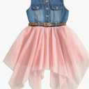 Toddler Kid Girls Irregular Lace Dress Sleeveless Metal Button Denim Tulle Tutu Patchwork Dress with Belt Toddler 5/6
