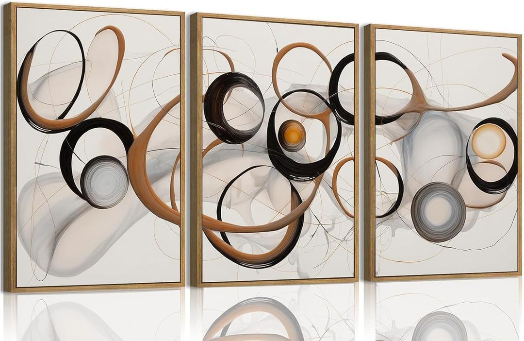 3 Piece Large Abstract Canvas Wall Art For Living Room Brown and Black Circles Lines Geometric Framed Wall Art Modern Minimalist Art Prints Artwork For Bedroom Office Dining Room 12x16 in