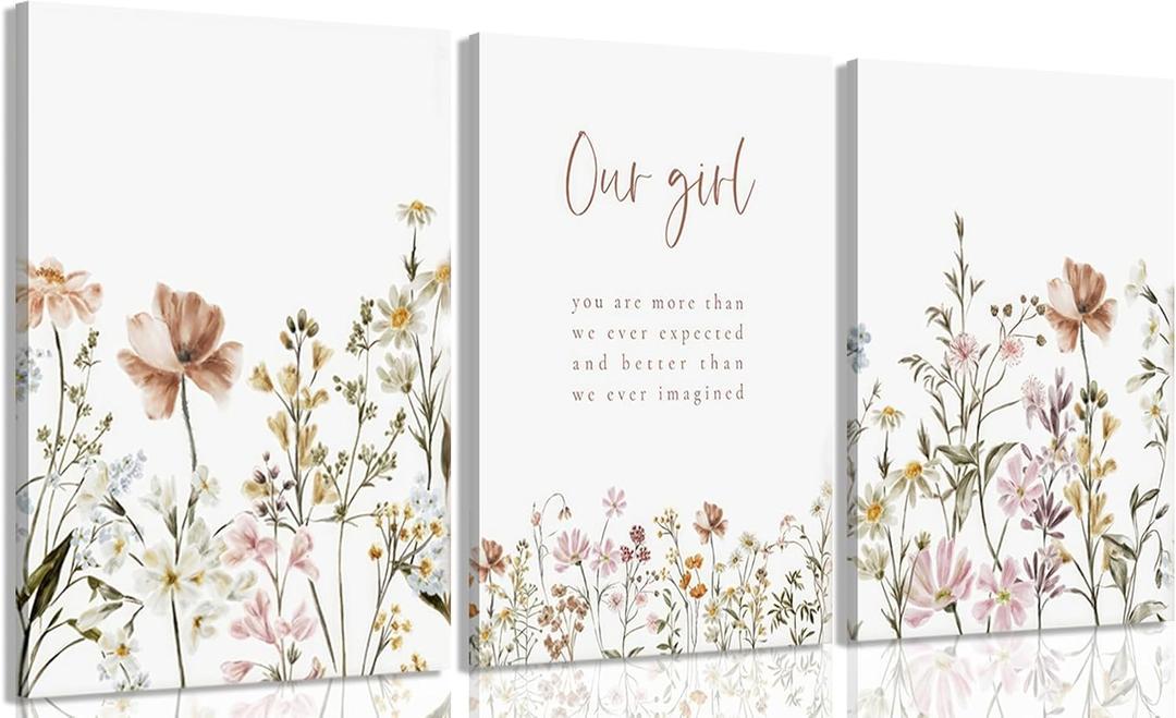 3 Pcs Wildflower Canvas Wall Art Girl Nursery Wall Decor Flower Print picture Floral Botanical Painting artwork for Baby Girl Nursery Decor Inspirational Wall Art Office Decoration,16x24in