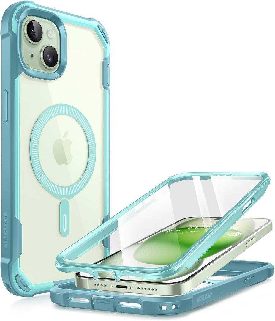 i-Blason Ares Mag for iPhone 15 Case/iPhone 14 13 Case [6.1 inch], [MagSafe Compatible] Full-Body Shockproof Rugged Clear Bumper with Built-in Screen Protector (Seafoam), iPhone2023-6.1-AreMag-SP (Green)