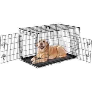 Sweetcrispy Dog Crate, 48 Inch Double Door Folding Metal Wire Dog Cage with Plastic Leak-Proof Pan Tray, Extra Large Pet Kennel for Indoor, Outdoor, Travel