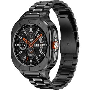 Stainless Steel Bands with Case Compatible with Samsung Galaxy Watch Ultra 2/1 47mm (2025 2024), Rugged Protector Cover Metal Band for Galaxy Watch 7 8 Ultra for Men (Black)