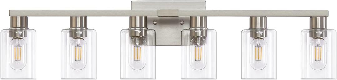 6-Light Bathroom Vanity Light, Brushed Nickel Vanity Lights for Bathroom, Bathroom Lights Fixtures Over Mirror, Large Vanity Light Over Mirror Modern Wall Sconce with Clear Glass Shade