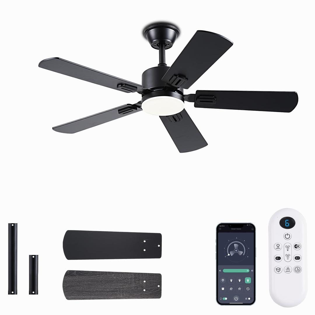 42 inch Modern Ceiling Fans with Lights APP/Remote Control, Low Profile Reversible 6 Speeds Ceiling Fan Light for Indoor/Outdoor Patio Bedroom Living Room, Black