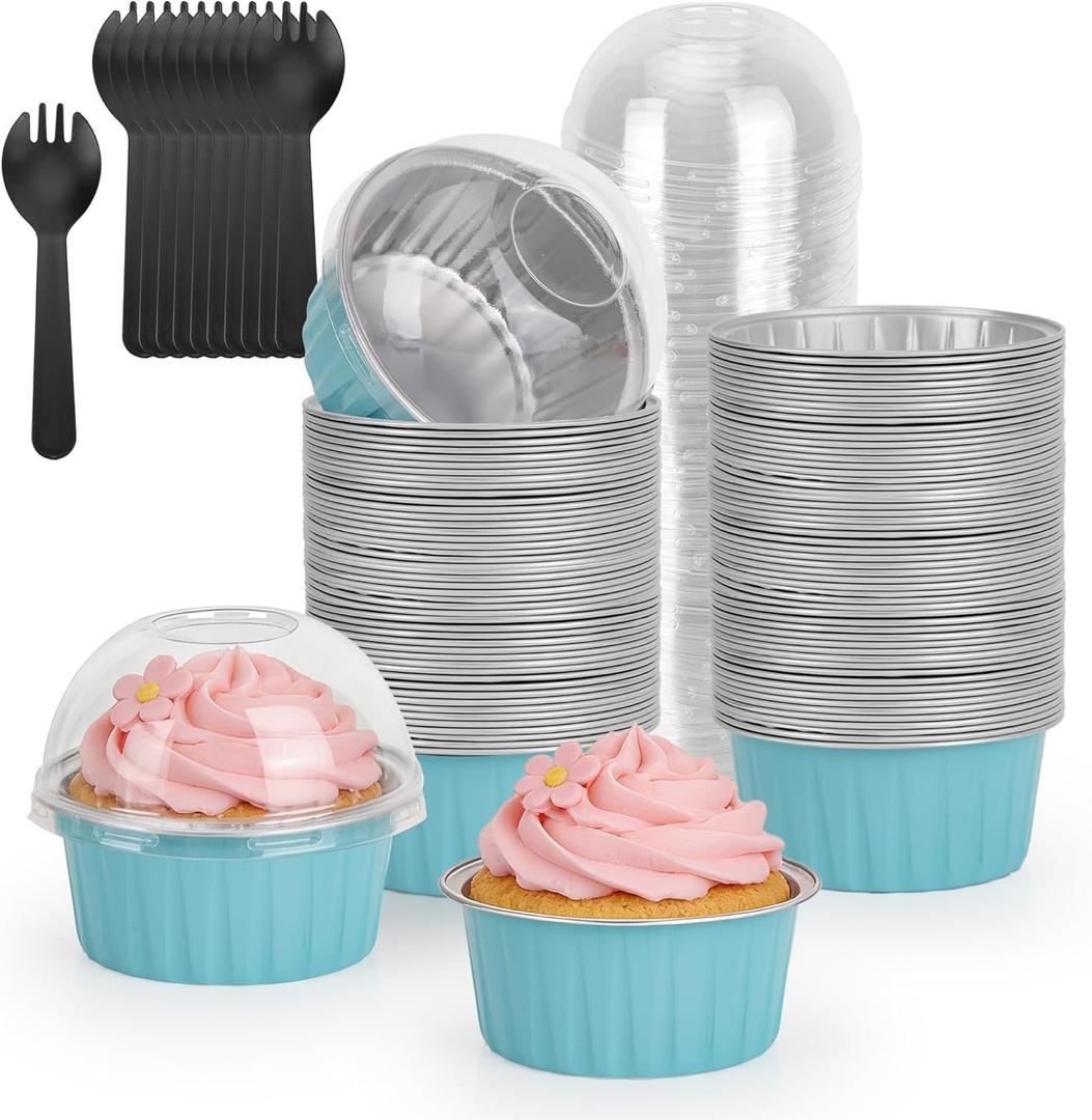 100-Pack 5 oz Mint Blue Mini Cake Pans with Lids, Disposable Aluminum Foil Baking Cups, Muffin Tins, Ramekins for Cupcakes, Brownies, Flan, Pudding - Baby Shower, Bridal Shower & Birthday Party