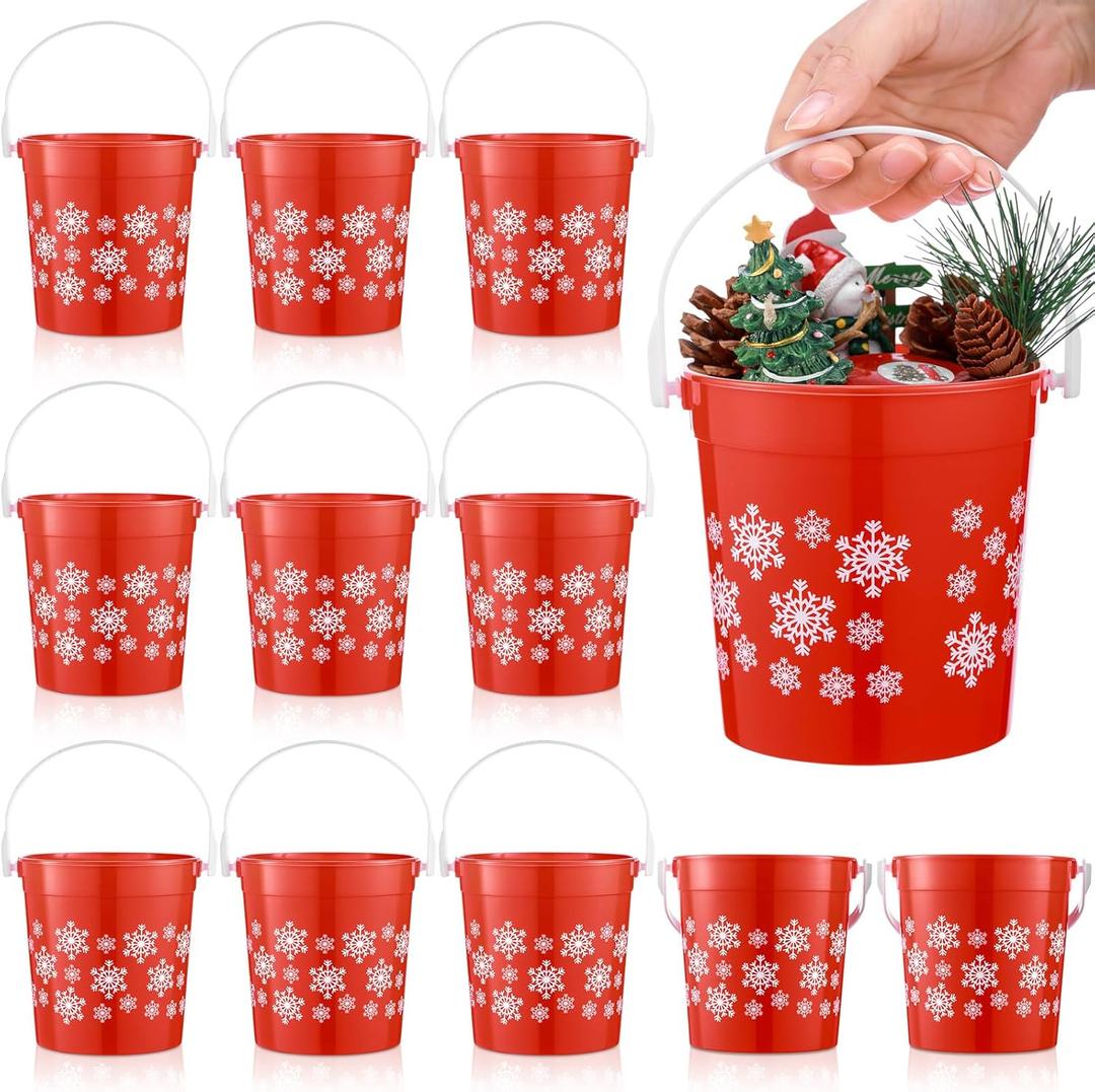 12 Pcs Christmas Plastic Buckets with Handle 4.69 x 3.78 x 4.8 Inch Christmas Snowflake Buckets Small Red Candy Pails Gifts Toy Baskets for Winter Holiday Party Decorations