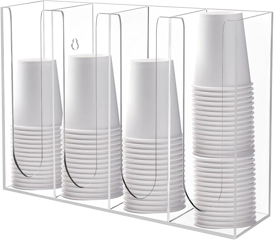Varku 4-Compartment Acrylic Coffee Cup Dispenser and Holder, Wall-Mounted or Counter, Clear Sauce Cup Storage for Kitchen, Bar