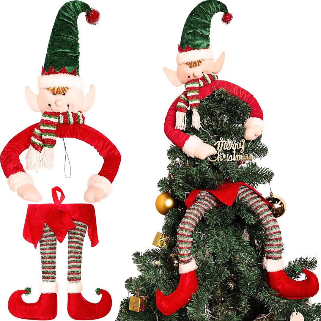 Sratte Christmas Tree Elf Legs Plush Hanging Elf Head Christmas Tree Leg Trees Topper Red Green Hats Ornaments for Holiday Indoor Outdoor Decor Home Fireplace Car Decoration