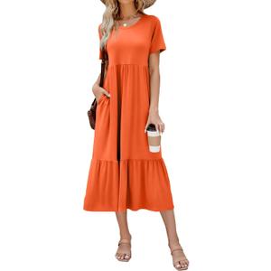 Summer Dresses for Women Flowy Maxi Sundress Short Sleeve Tiered Beach Dress with Pockets 2026 Vacation Travel (Orange, Large)
