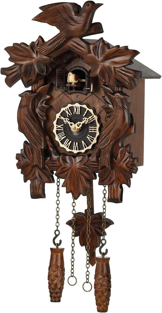 Kintrot Cuckoo Clock, Traditional Black Forest Handcrafted Wooden Quartz Clock for Wall Antique Decroration with Maple Leaf Pendulum, 12 Melodies, Night Sensor and Singing Bird (KT816W)