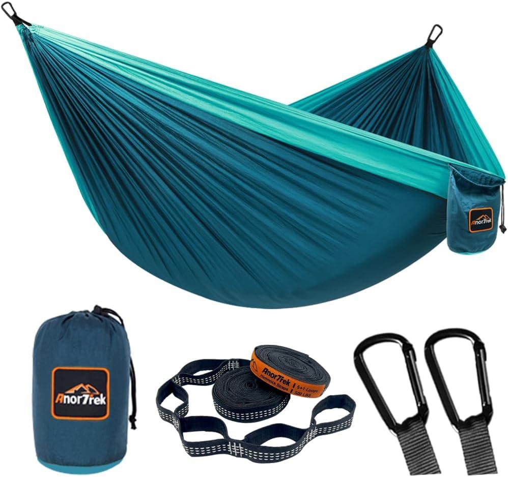 Camping Hammock, Super Lightweight Portable Parachute Hammock with Two Tree Straps Single or Double Nylon Travel Tree Hammocks for Camping Backpacking Hiking (Blue&dark Blue)