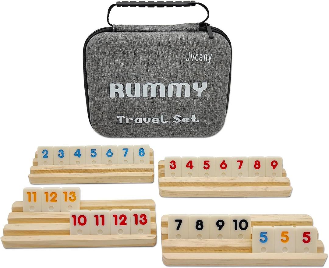 Mini Travel Rummy Cube Set with 4 Wooden Racks, 106 Rummy Cube Game Tiles with Portable Case for Family Classic Board Games - Travel Edition