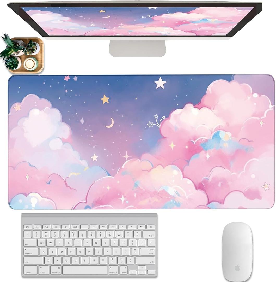 Pink Cloud Mouse Pad Extended Large Cute Desk Mat Big Desk Pad Set XXL Aesthetic Moon and Stars Gaming Mouse Pad for Keyboard Computer Laptop Home Office Accessories Girl 31.5X15.7 Inches
