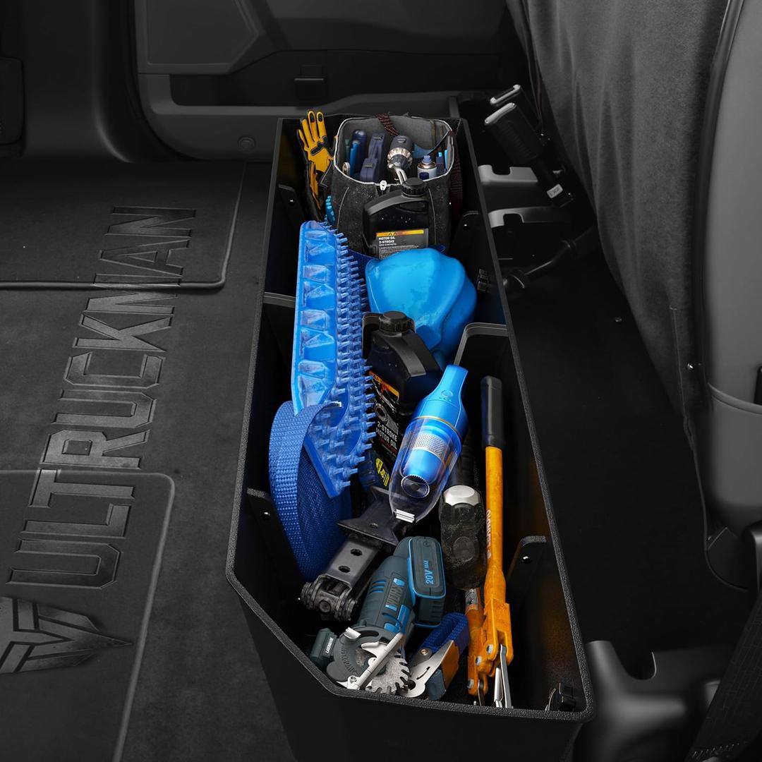 Ultruckman Rear Truck Underseat Storage Box, Fit 20172025 Ford F250 F350 F350 Super Duty and 20152025 Ford F150 SuperCrew Crew Cab Heavy Duty Rear Under Back Seat Box Organizer, Anti Slip