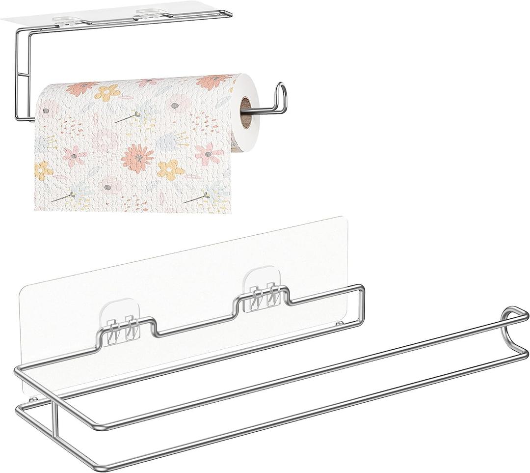 Paper Towel Holder Under Cabinet - Kitchen Roll Paper Towel Holder, Tissue Hanger Organizer Rack Wall Mount for Kitchen Under Cabinet Over Door, Bathroom, Sink, Pantry, Stainless Steel, Silver, 1 Pack