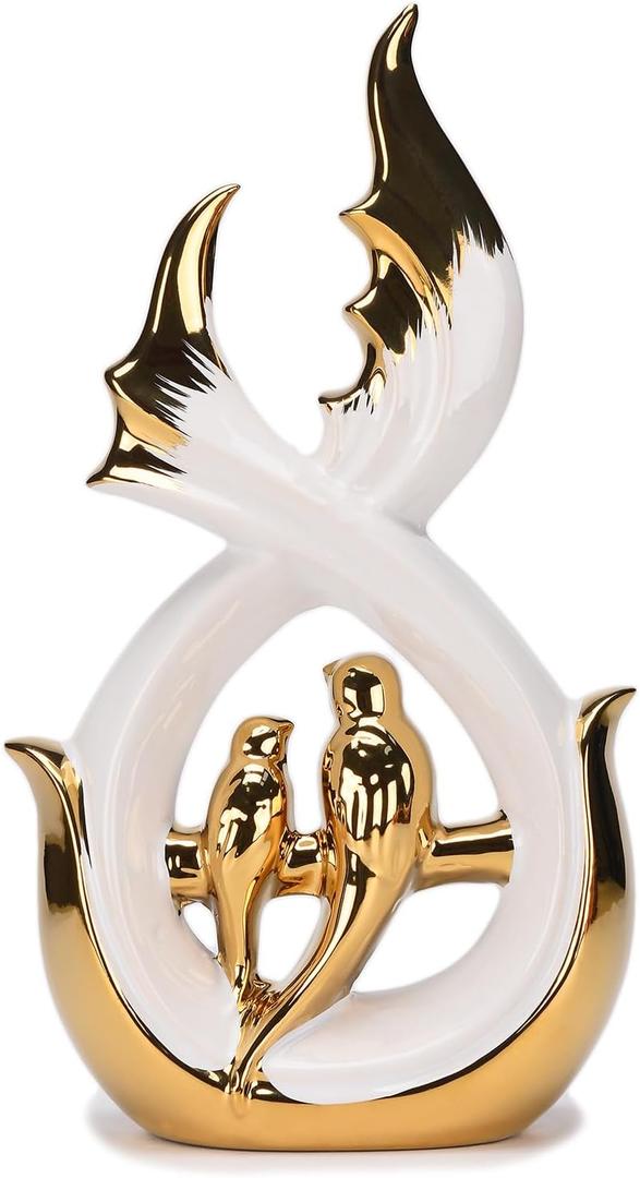 Modern Abstract Art Ceramic Statue with Bird Figurine White & Gold Decor for Living Room Dining Room Bookshelf Coffee Table Entrance Shop Office 11.8''(H) TQGJNY6